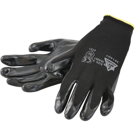 A pair of Nytec Glove - 8/M - S.144407 by Sparex, featuring a black nitrile-coated exterior and yellow trim at the wrists for excellent abrasion resistance, lies on a white surface.