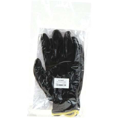 A Nytec Glove - 8/M - S.144407 by Sparex, featuring a black design with a yellow cuff and durable nitrile coating for enhanced abrasion resistance, is packaged in a transparent plastic bag labeled with a barcode and product information.