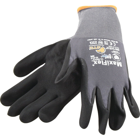 A pair of black and gray work gloves featuring Sparex Maxiflex Ultimate - 8/M - S.144416 branding, designed for general handling with abrasion-resistant properties and All Day AntiPerspirant Technology, complete with various certification symbols on the back of one glove.