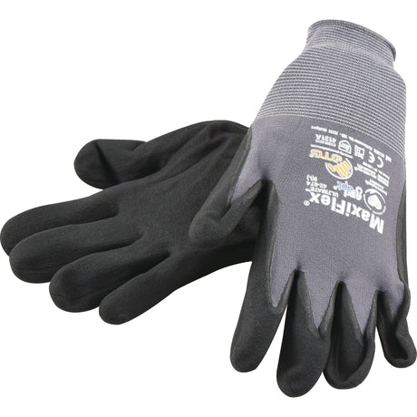 A pair of Maxiflex Ultimate work gloves in black and gray, size 9/L (Sparex Part No. S.144421), featuring white printed text on the back of one glove. Ideal for general handling tasks from the Sparex brand.