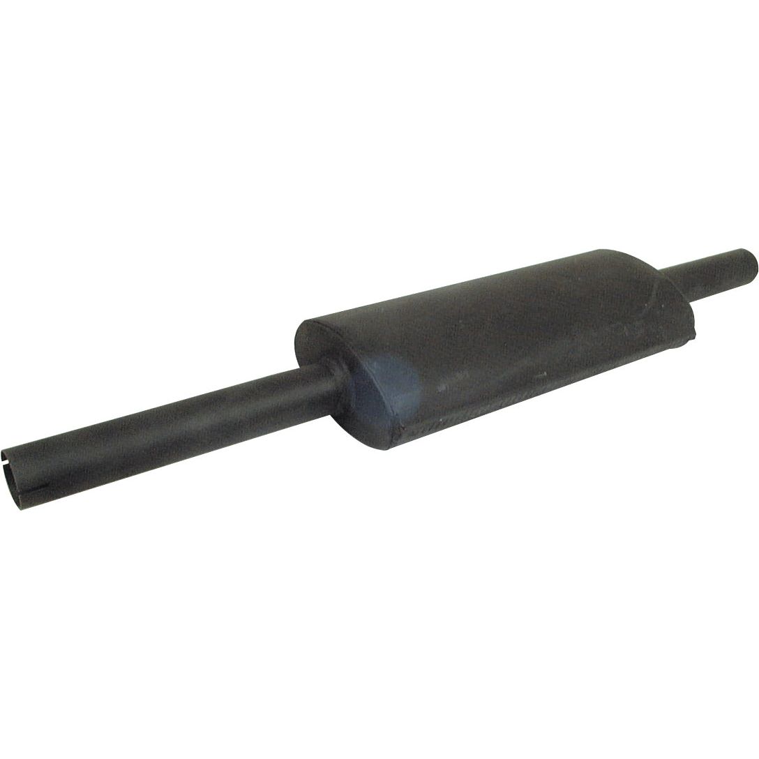 A black cylindrical silencer with an inlet and outlet pipe extending from either end, finished with heat-resistant paint; Product Name: Silencer - Vertical - S.14516 by Sparex.