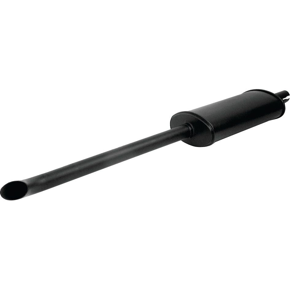 The Silencer - Vertical - S.14518 by Sparex is a black cylindrical car muffler featuring a long, narrow tailpipe extending from one end, and is coated in heat-resistant paint.