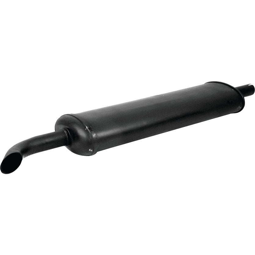 The Silencer - Vertical - S.14520 by Sparex is a black vehicle muffler with a cylindrical body and two pipe attachments—one curved and one straight. It features heat-resistant paint for enhanced durability.