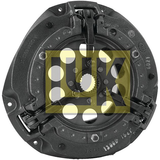 The Clutch Cover Assembly - S.145233 by Sparex features a robust cast iron cover, several holes, gears, locking mechanisms, and a yellow "LUK" logo in the center.