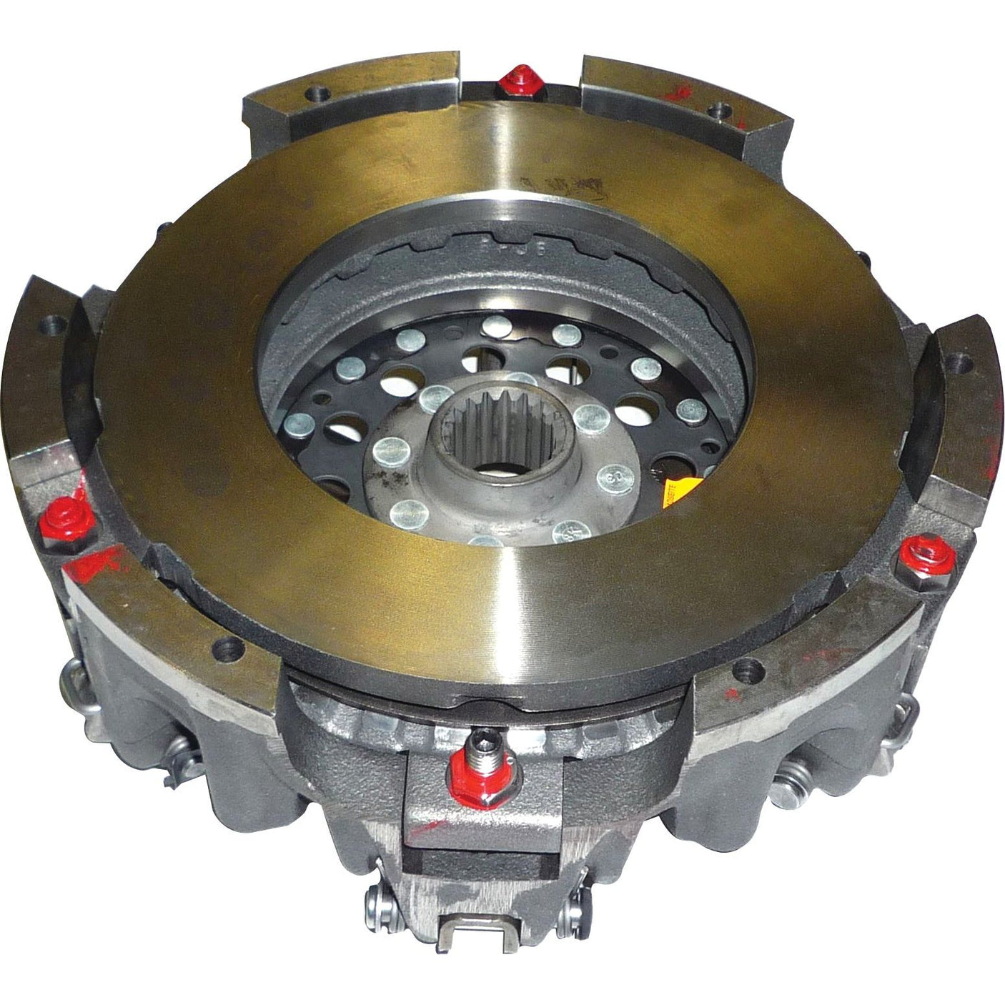 Close-up view of the Clutch Cover Assembly - S.145323 by Sparex, showcasing the visible friction plate and pressure plate components. The cast iron housing and dual cover design are primarily made of metal, featuring bolts and red accents.