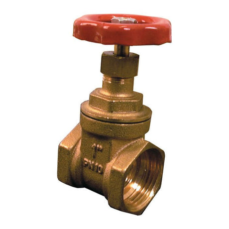 The Sparex GATE VALVE-1''BSP BRASS (Part No. S.14533) features a durable brass construction and a red handwheel, designed for efficient flow control in plumbing systems. This robust 1BSP gate valve ensures dependable performance across various applications.