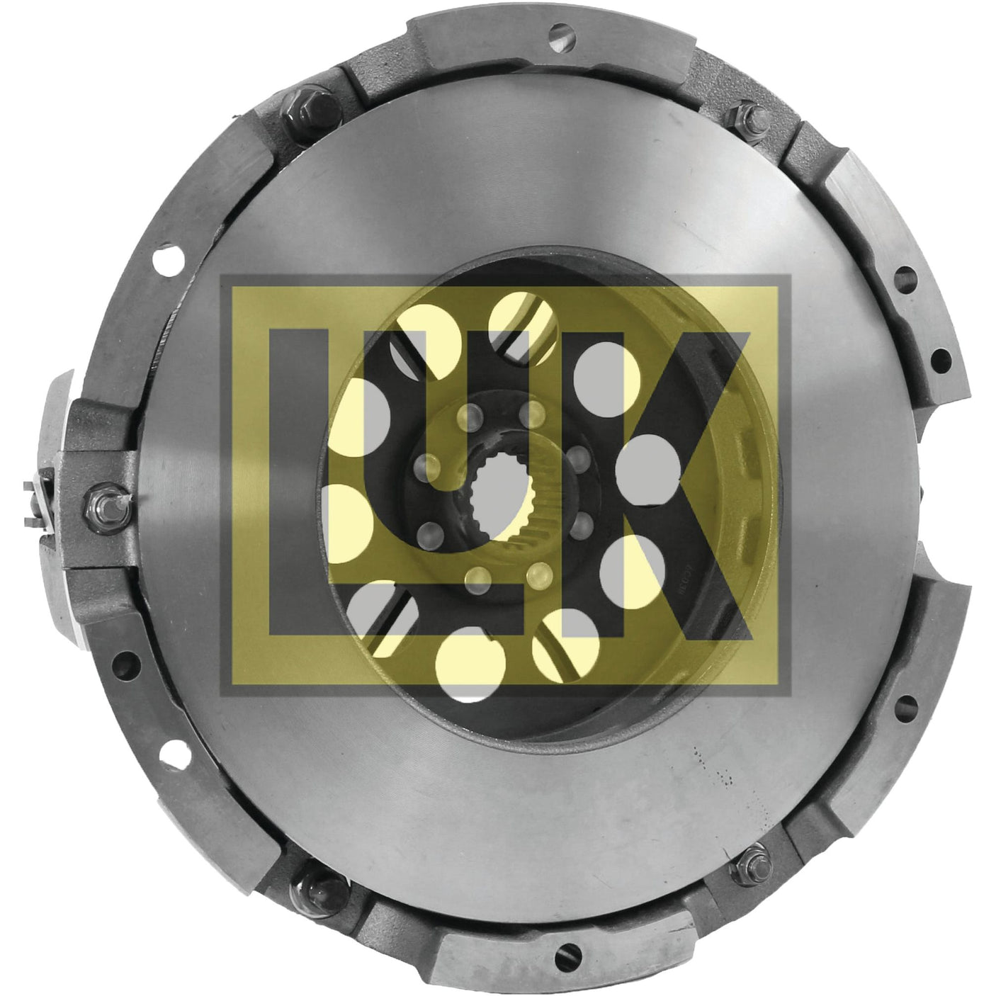 A close-up view of the Clutch Cover Assembly - S.145457 by Sparex, showcasing a cerametallic mechanical component with a central gear and several bolt connections, featuring a transparent overlay of the "LUK" logo in yellow and black.