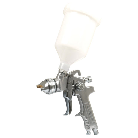 The Sparex Spray Gun 30-70 psi upper tank - S.14577 is a metal paint spray gun with a white plastic paint cup attached on top, featuring multiple adjustment knobs, a trigger handle, and an accurate nozzle Ø for precise application.