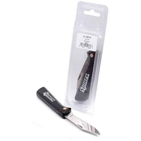 A folding knife labeled "Penknife Agripak (1 X S.14617)" under the brand name Sparex, featuring a black handle and a blade length of 70mm, is presented both open and packaged in clear Agripak plastic (Sparex Part No.S.14618).