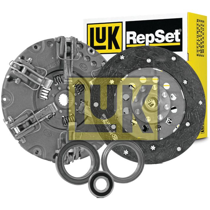 Image of a car clutch kit with a large yellow and black Luk RepSet box in the background. The kit includes an organic disc, pressure plate, dual cover, and associated components.

Updated Sentence:
Image of the Clutch Kit with Bearings - S.146512 by Sparex. The kit includes an organic disc, pressure plate, dual cover, and associated components.