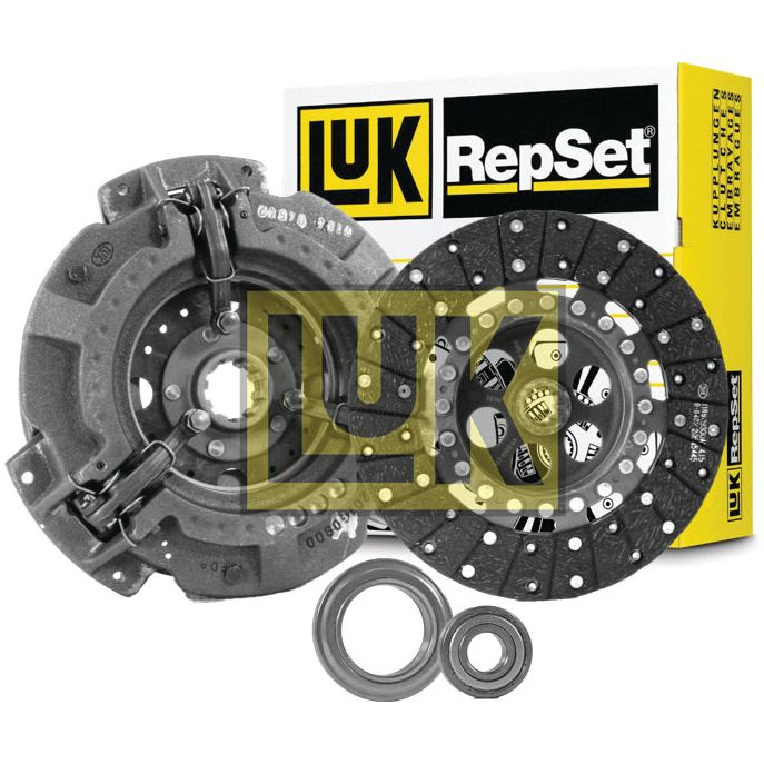 The Clutch Kit with Bearings - S.146555 from the renowned Sparex brand features a clutch pressure plate, organic disc, release bearing, and pilot bearing. The kit is positioned in front of the striking yellow and black product packaging.