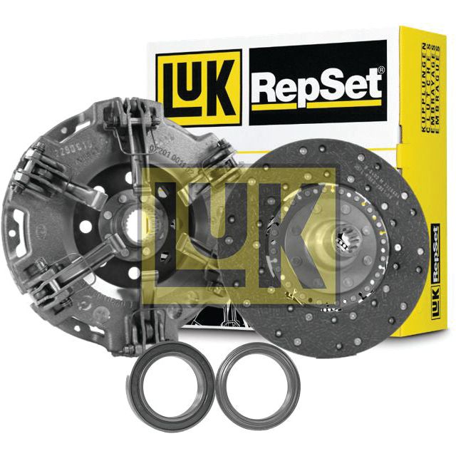 A Sparex Clutch Kit with Bearings - S.146559, featuring a pressure plate, organic disc material clutch disc, and two bearings, displayed in front of the product packaging.