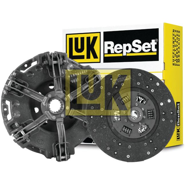 Image of a Sparex Clutch Kit without Bearings (S.146560), featuring a pressure plate and a clutch disc made of organic material, displayed side by side in front of the product's branded packaging.