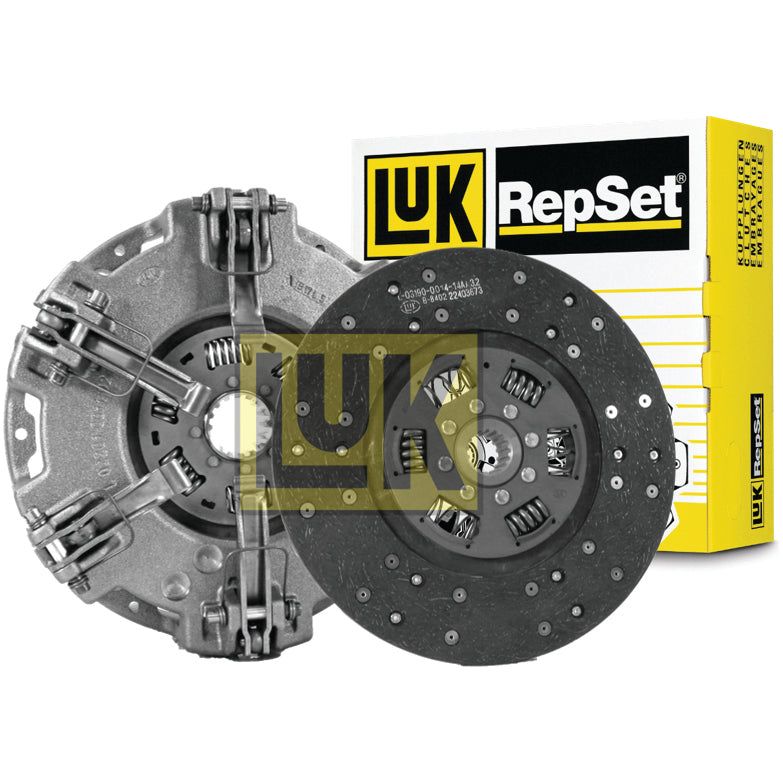 Close-up of a Sparex Clutch Kit without Bearings - S.146562 showing the organic captive disc and pressure plate with yellow and white product packaging in the background.