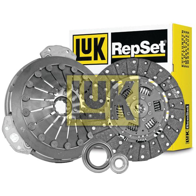 A Sparex Clutch Kit with Bearings - S.146598, which includes a clutch disc, pressure plate, and bearings, featuring a single cover and positioned in front of the product packaging.