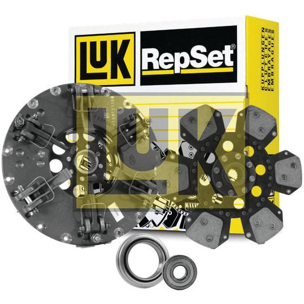 Image of a Sparex Clutch Kit with Bearings - S.146609, featuring a cast iron clutch disc, pressure plate, release bearing, and pilot bearing, placed in front of the product packaging.