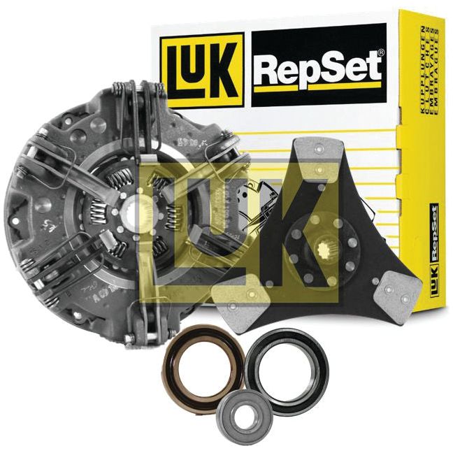 Image of a Sparex Clutch Kit with Bearings - S.146624, featuring the clutch disc, pressure plate, and several other components in front of the product's yellow and white packaging. The kit includes a robust cast iron pressure plate for enhanced durability.