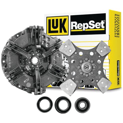 The Sparex Clutch Kit with Bearings (S.146717) includes a pressure plate, clutch disc, and release bearings, all featuring a durable cast iron construction, displayed in front of its packaging.