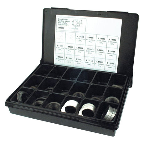 A black plastic Sparex organizer box with multiple compartments, containing various sized silver metric shim washers (ID: 15-45mm, OD: 22-55mm), compliant with DIN Standard No. 988 (Sparex Part No.S.14671). The box's lid features a chart with size details for the washers.