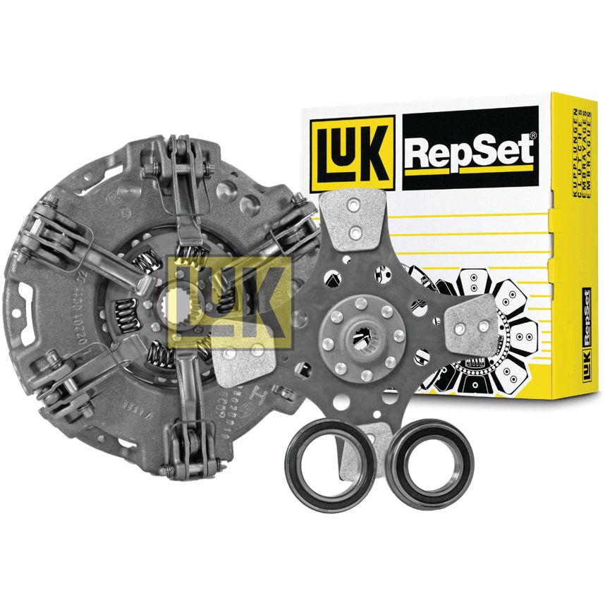 Image of a Sparex Clutch Kit with Bearings - S.146759 featuring a dual cover clutch pressure plate, cerametallic clutch disc, and two release bearings, with the product's packaging box in the background.