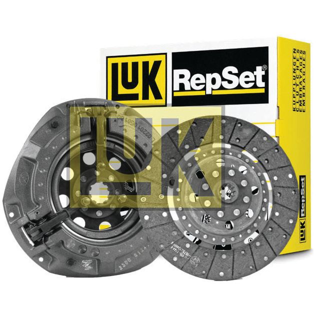 Image of a Sparex Clutch Kit without Bearings - S.146781, featuring a clutch disc and pressure plate with the yellow and black LUK packaging in the background, made from high-quality organic material.