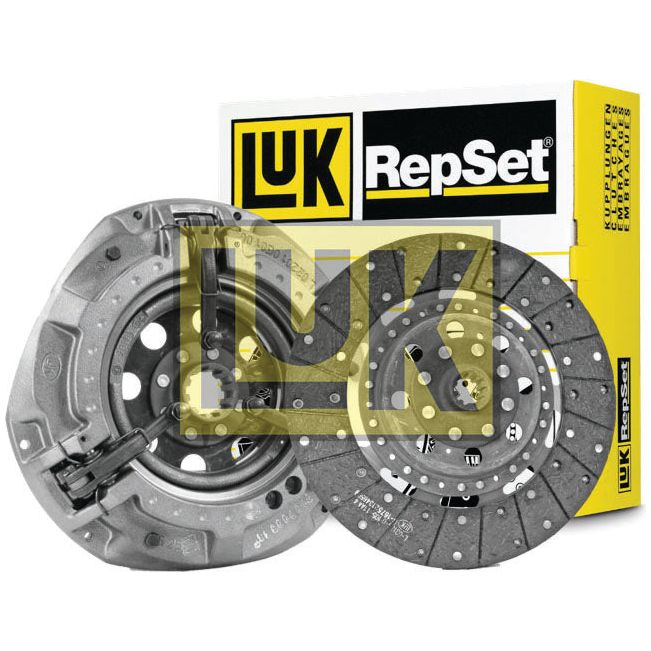 An image showcasing the Sparex Clutch Kit without Bearings - S.146791, highlighting its high-quality organic pressure plate and clutch disc materials, displayed beside its distinctive yellow and black branded packaging.