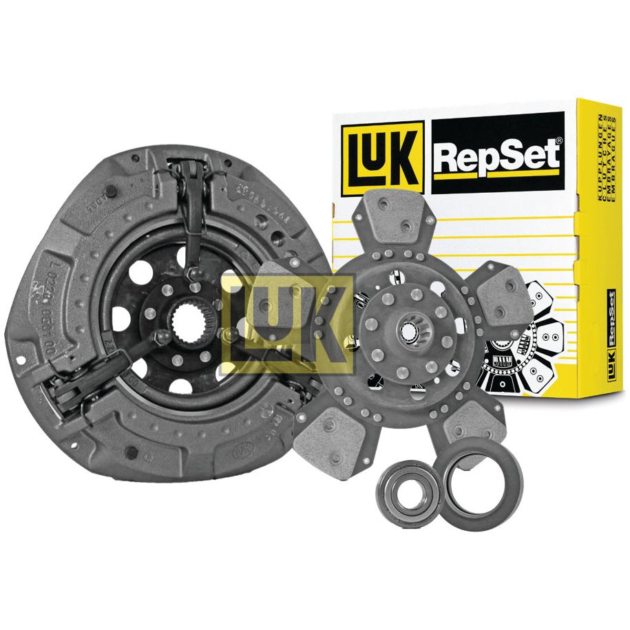 A Sparex Clutch Kit with Bearings - S.146812, featuring a pressure plate, Dual Cover size options, clutch disc, release bearing, and alignment tool, is displayed next to its yellow and black packaging.