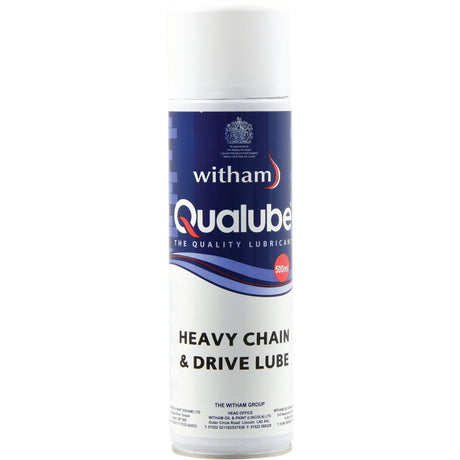 A can of Sparex Wire Rope & Chain Lube, 500ml (Sparex Part No.S.14681), featuring a white top and a label with blue and red text, integrates anti-rust capability to ensure long-lasting protection.