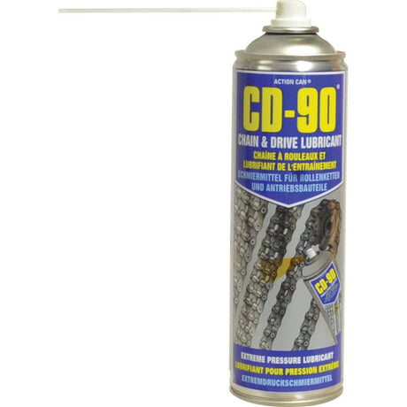 The Sparex Wire Rope & Chain Lube - 500ml (Sparex Part No. S.14681) is a spray can featuring a long nozzle, specially designed for lubricating roller chains and drive components. It boasts anti-rust capabilities and also functions effectively as a wire rope lubricant, with product information available in multiple languages.