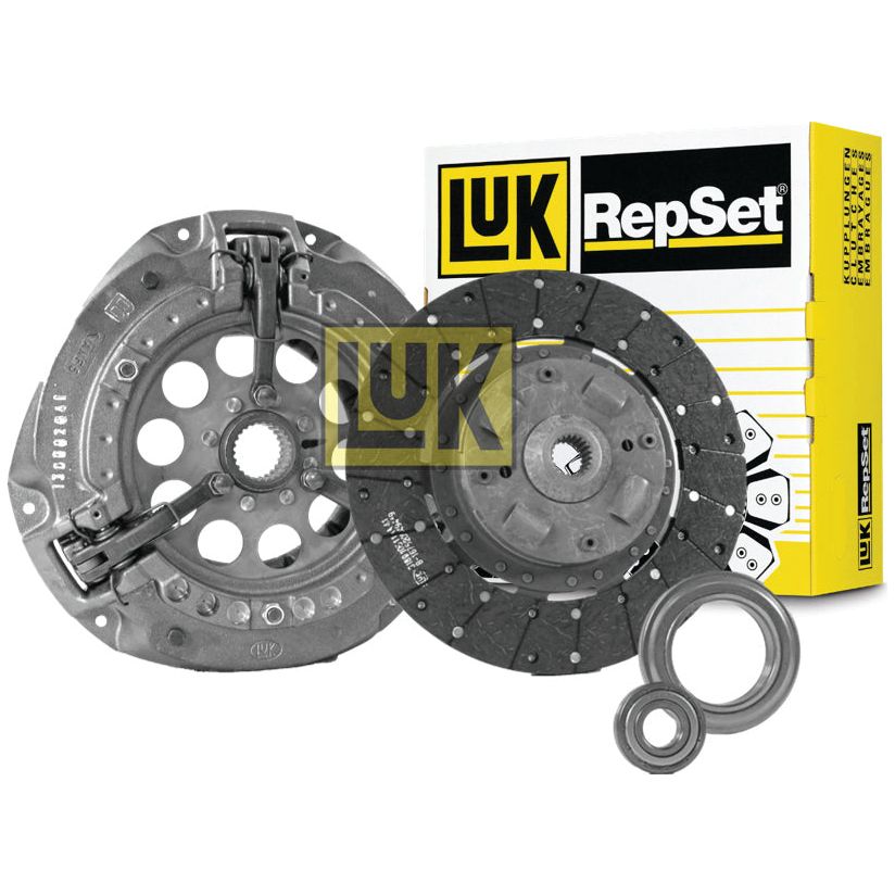 A Clutch Kit with Bearings - S.146820 from Sparex, featuring a 300mm single cover with an organic loose disc, includes a clutch disc, pressure plate, release bearing, and pilot bearing, shown with the product box in the background.