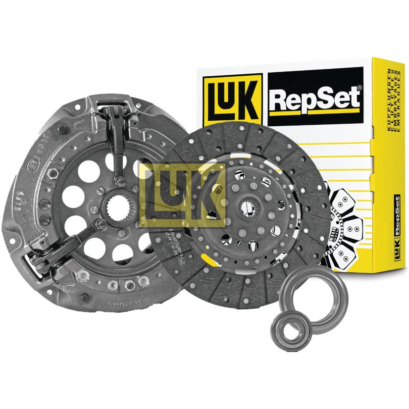 A Sparex Clutch Kit with Bearings - S.146825, featuring a pressure plate, clutch disc, release bearing, and pilot bearing with a Single Cover and a 300mm cover size, all in branded packaging in the background.