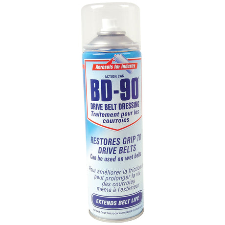 A can of BD-90 Belt Dressing (500ml Aerosol) by Sparex, Part No. S.14683, features text indicating that it restores grip to drive belts, prevents slippage on wet belts, and extends belt life.