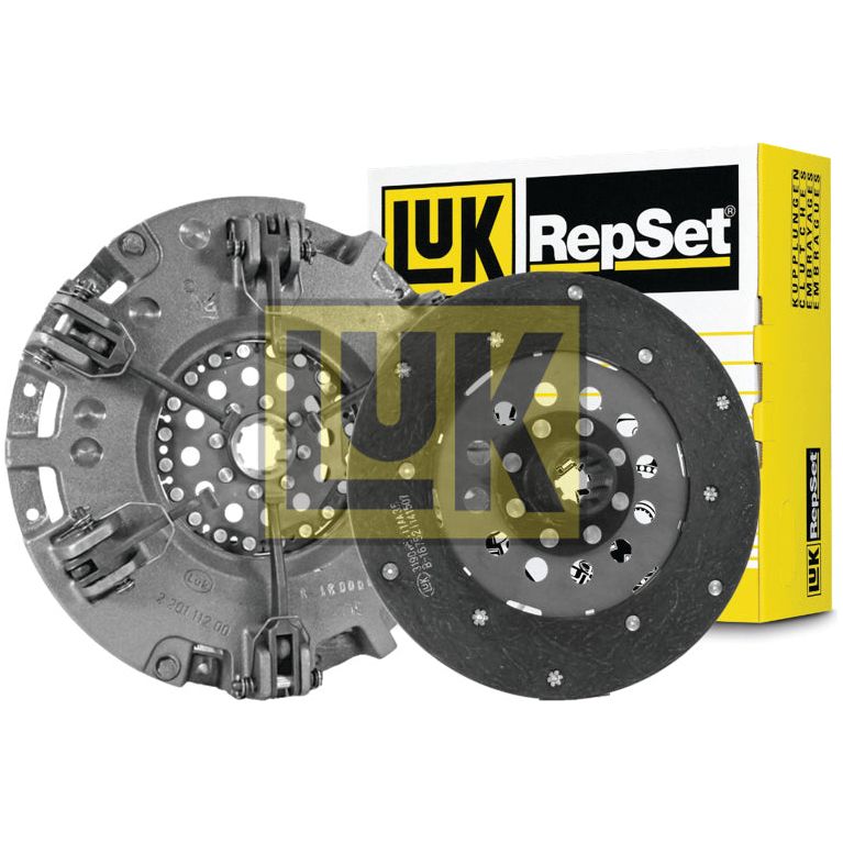 Image of an automotive clutch kit labeled "Clutch Kit without Bearings - S.146868" by Sparex, showcasing the cover size specification, with a clutch disc and pressure plate in front of the product packaging box.