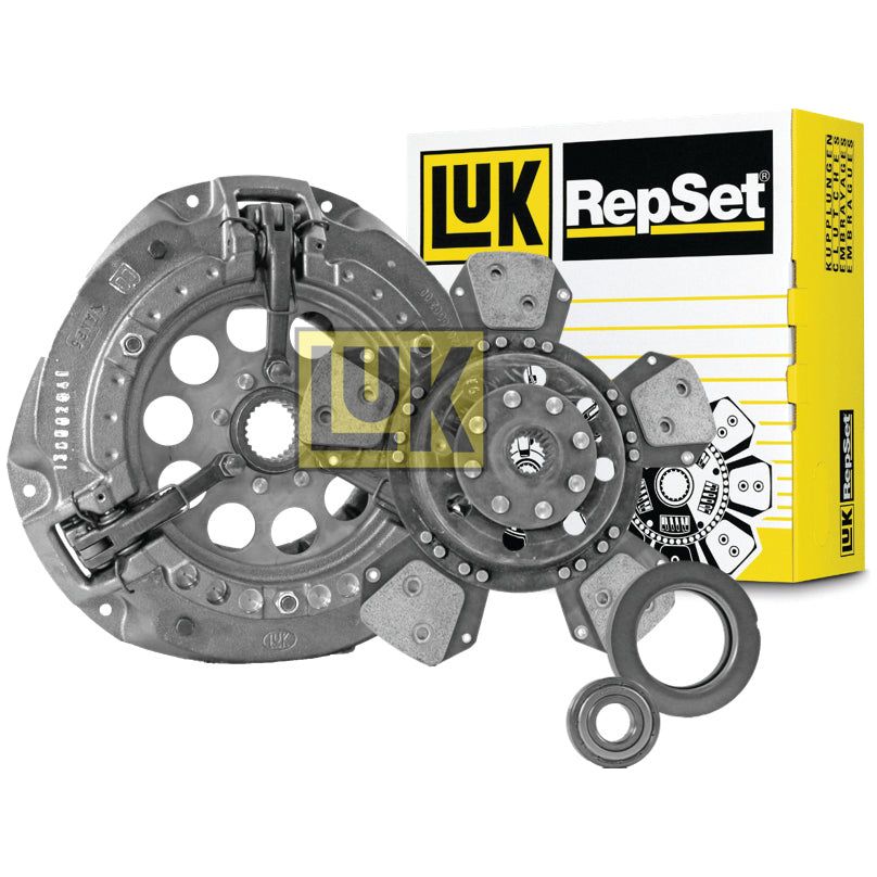 Image of a Sparex clutch kit, Clutch Kit with Bearings - S.146887, set against a plain background, featuring a 300mm pressure plate, cerametallic clutch disc, and cast iron release bearings, with the product box included.