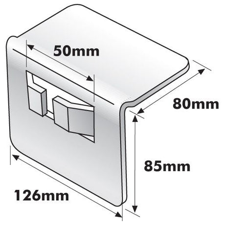 Isometric view of the Loadbinder Protection Plate, also known as Sparex Part No.S.14689. This metallic bracket, branded by Sparex, features a flat top surface and two mounting holes. It measures 126mm in length, 50mm in width, 80mm in height, and has a side height of 85mm. This versatile component can also function as a protection plate for added durability.