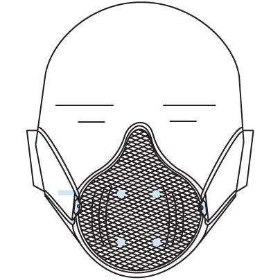 Illustration of a head wearing a protective EN149 mask with a mesh design covering the nose and mouth. The Moldex Disposable Dust Mask - FFP2 (Agripak 3 pcs.), identified as Sparex Part No. S.14690, features two straps going around the ears.