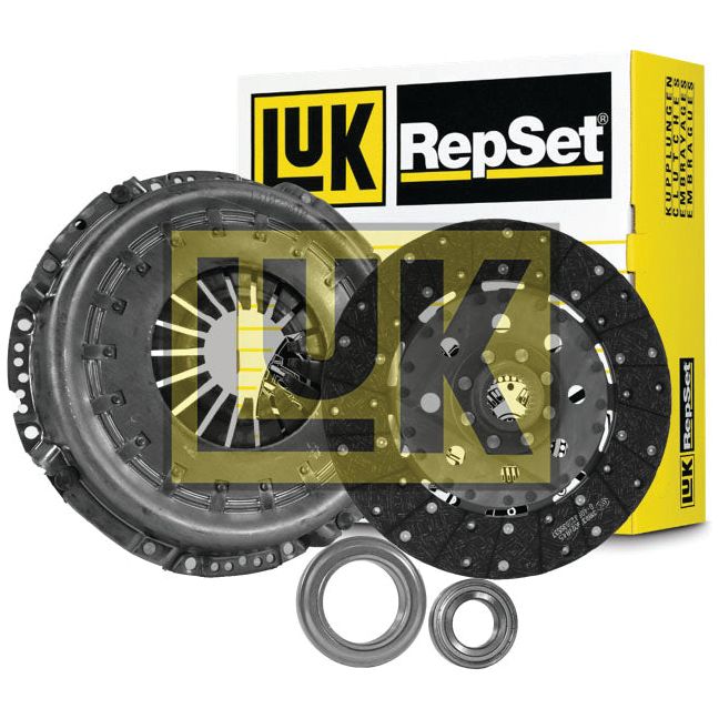 Image of a Sparex Clutch Kit with Bearings - S.146936 displayed in front of its yellow and black packaging. The kit includes a 320mm single-cover clutch disc, pressure plate, release bearing, and pilot bearing designed for flat flywheel types.