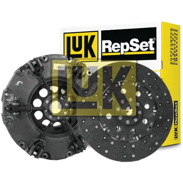 Image of a Sparex Clutch Kit without Bearings (S.146943) with a yellow and black branded box in the background, featuring prominently displayed clutch components. The kit includes a 310mm, dual cover assembly crafted from organic disc material.