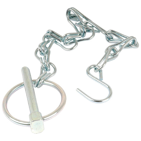 The Sparex Round Linch Pin, Chain & Hook Assembly (Pin Ø6mm) - Sparex Part No. S.146 features a metal chain with a hook on one end and a circular pin on the other, connected by a ring. This standard-duty, versatile, and durable assembly is ideal for various applications.