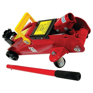 The Sparex 2 Tonne Trolley Jack - S.14702 is a red hydraulic floor jack equipped with a yellow handle and a detachable pump handle, perfect for lifting vehicles. It boasts a lifting height of 330mm and a capacity of 2000kgs, along with an integrated safety valve for enhanced security.