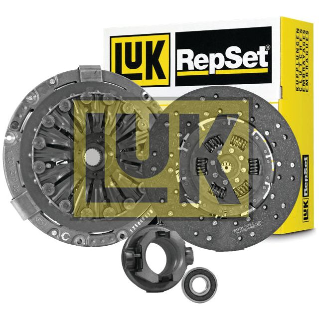 Image of a Sparex Clutch Kit with Bearings - S.147236, featuring a clutch disc, pressure plate, and release bearing housed in a sturdy cast iron housing, with the Sparex branded box in the background.