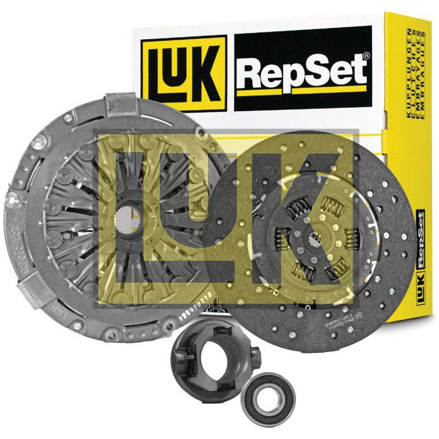 The Sparex Clutch Kit with Bearings - S.147246 features a pressure plate, single cover clutch disc, and release bearing, displayed with its packaging in the background.