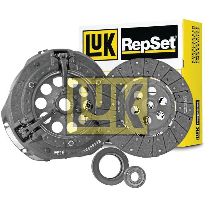 Image of a Sparex Clutch Kit with Bearings - S.147250 featuring a cast iron pressure plate, cerametallic clutch disc, release bearing, and packaging box in the background.