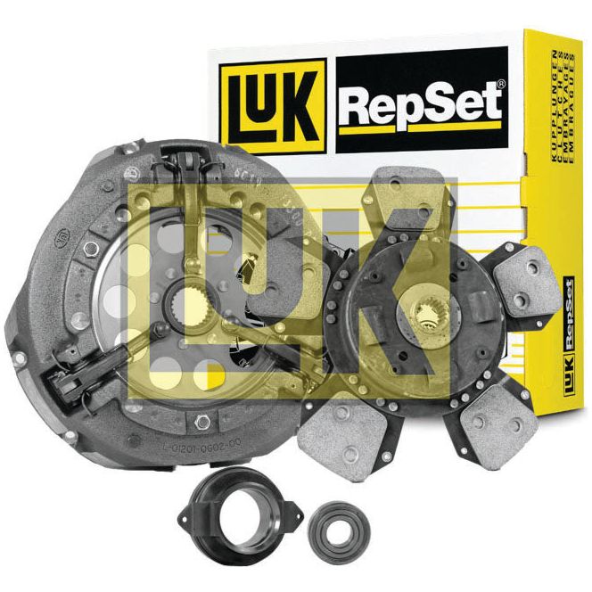 Image of a Sparex Clutch Kit with Bearings - S.147253, featuring various automotive clutch components such as the pressure plate, disc, and release bearing, all displayed in front of the product’s packaging. The single cover and other parts are precisely arranged to showcase their quality.