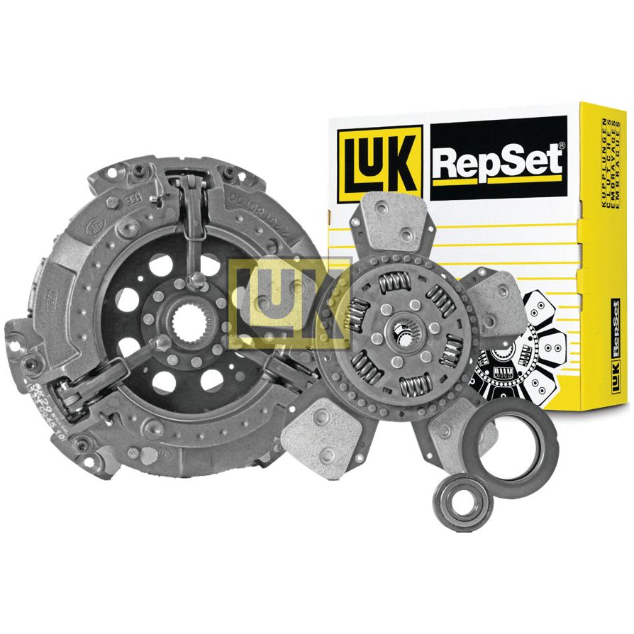 A set of automotive clutch components, including a Cover Size 330mm and a Cerametallic Loose Disc, displayed in front of a Sparex Clutch Kit with Bearings - S.147266 branded box.