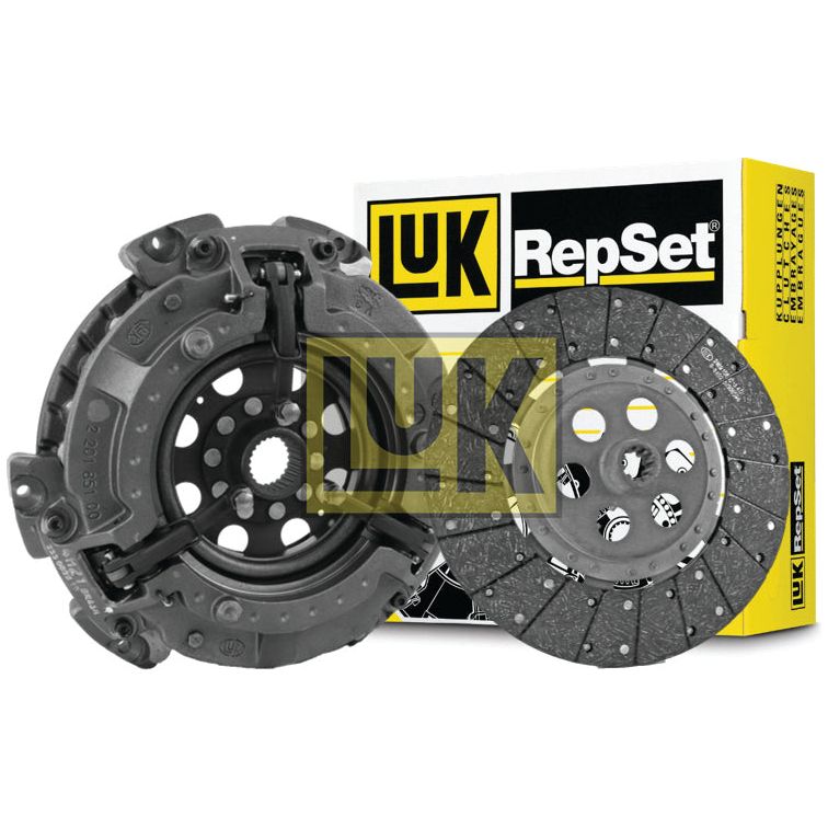 Image of a Sparex clutch kit packaging, specifically the Clutch Kit without Bearings - S.147279, featuring an organic material clutch disc and a pressure plate, displayed in front of a yellow and black Sparex branded box.