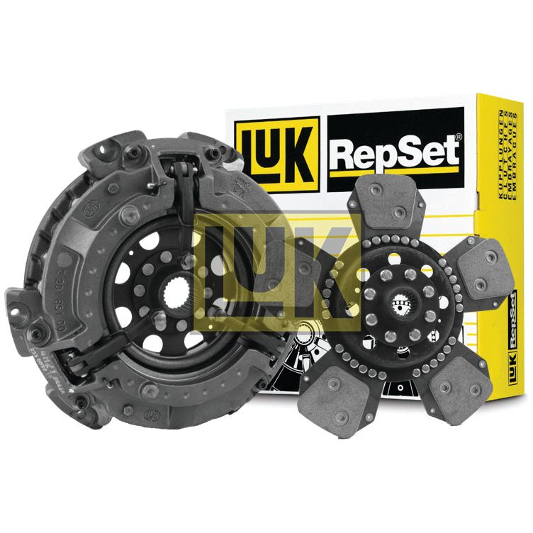 Sparex's Clutch Kit without Bearings - S.147281, featuring a dual cover clutch pressure plate and cerametallic loose disc, packaged in a branded box.