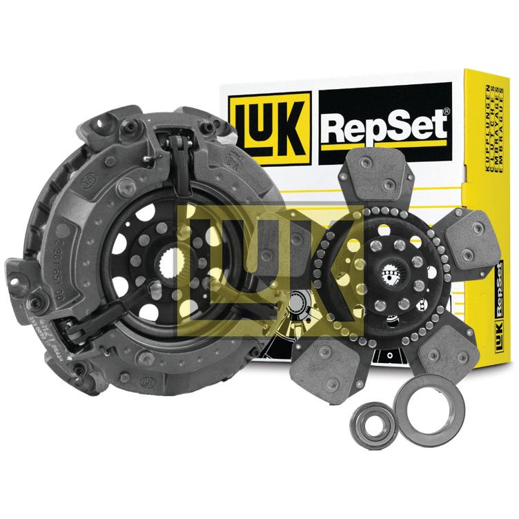 A Sparex Clutch Kit with Bearings - S.147282, featuring a pressure plate, Cerametallic Loose Disc, release bearing, and pilot bearing, is displayed alongside its branded yellow and black packaging.