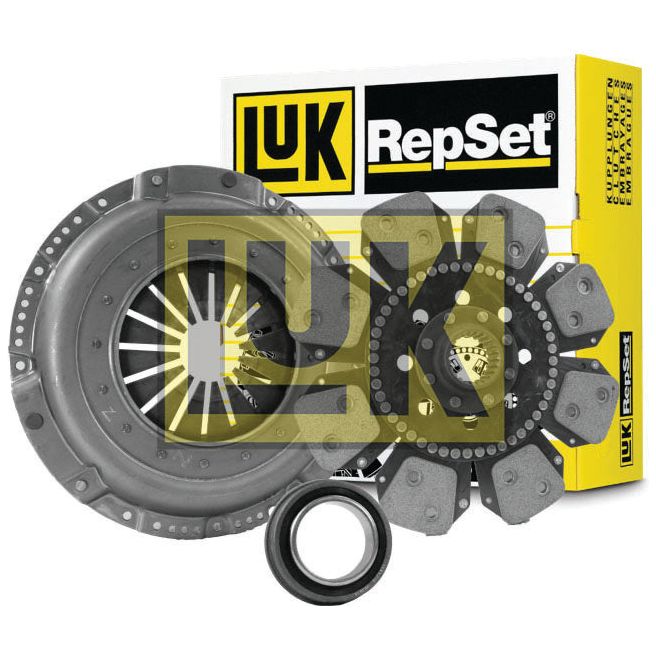 Image of a Sparex Clutch Kit with Bearings - S.147305, including a clutch disc, pressure plate, release bearing, and packaging box in yellow and black. The set features a Single Cover and a Cerametallic Loose Disc for enhanced performance.