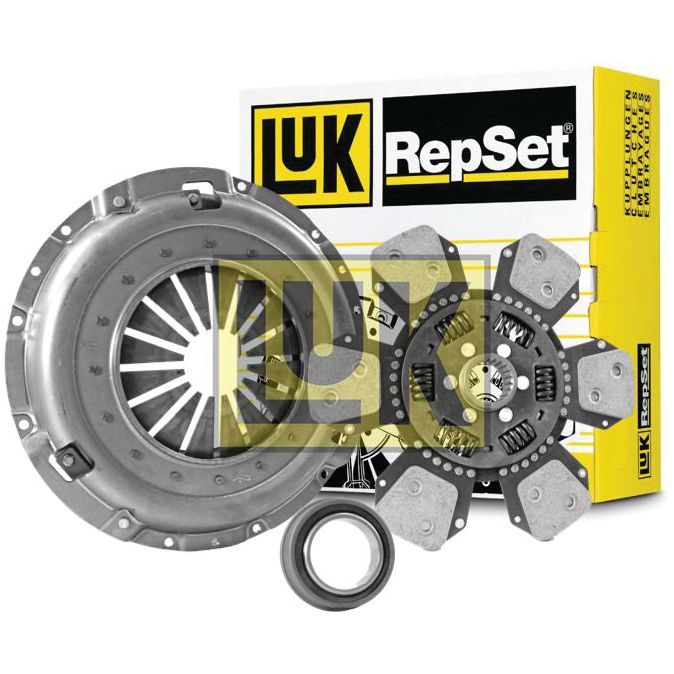 The Sparex Clutch Kit with Bearings - S.147317 consists of a cerametallic clutch pressure plate, a torsion sprung clutch disc, a release bearing, and comes packaged in a yellow box.